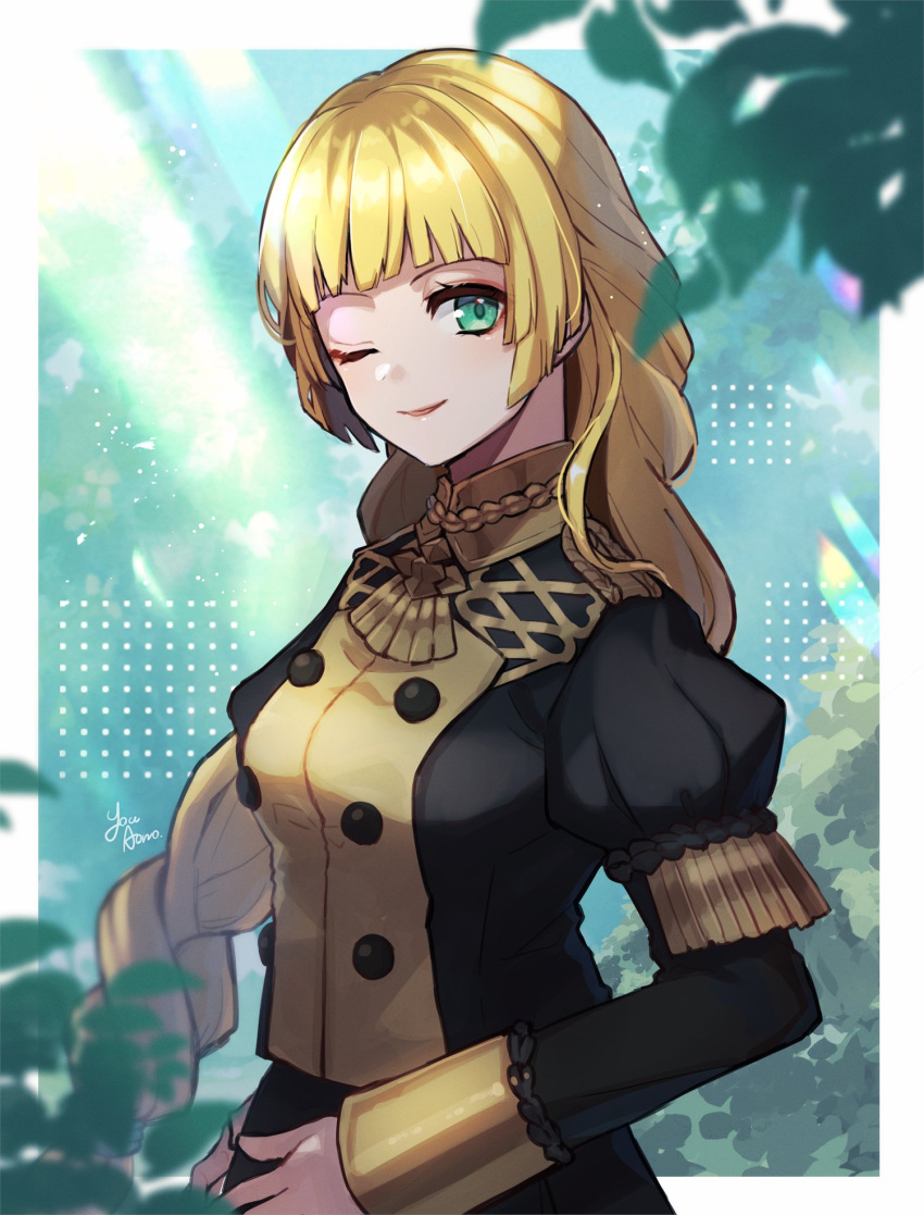 1girl ;) aononchi bangs black_jacket black_skirt blonde_hair braid bush buttons double-breasted eyeshadow fire_emblem fire_emblem:_three_houses garreg_mach_monastery_uniform green_eyes highres ingrid_brandl_galatea jacket juliet_sleeves leaf long_hair long_sleeves looking_at_viewer makeup one_eye_closed outside_border parted_lips puffy_sleeves red_eyeshadow skirt sleeve_cuffs smile solo sunlight upper_body