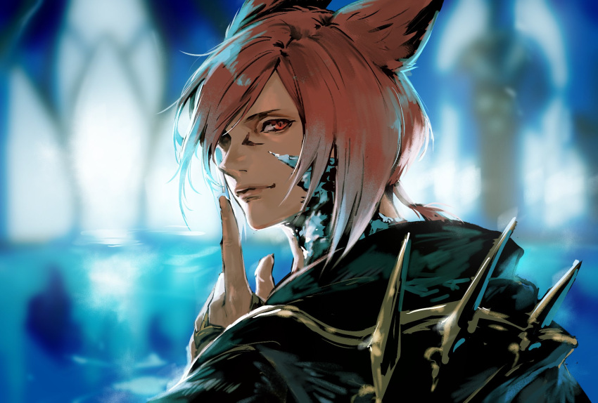 1boy animal_ears bangs black_robe cat_boy cat_ears closed_mouth crystal_exarch facial_mark final_fantasy final_fantasy_xiv finger_to_mouth g'raha_tia highres kin_mokusei light_smile looking_at_viewer looking_back male_focus miqo'te pointing red_eyes red_hair robe short_hair solo swept_bangs upper_body