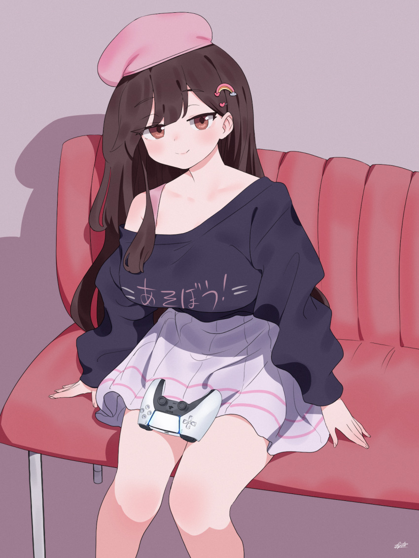 1girl bench beret black_sweater breasts brown_eyes brown_hair closed_mouth commission dualsense grey_skirt hair_ornament hat highres large_breasts long_hair long_sleeves looking_at_viewer miniskirt off_shoulder original pink_headwear playstation_controller ryusei_hashida sitting skirt smile solo sweater