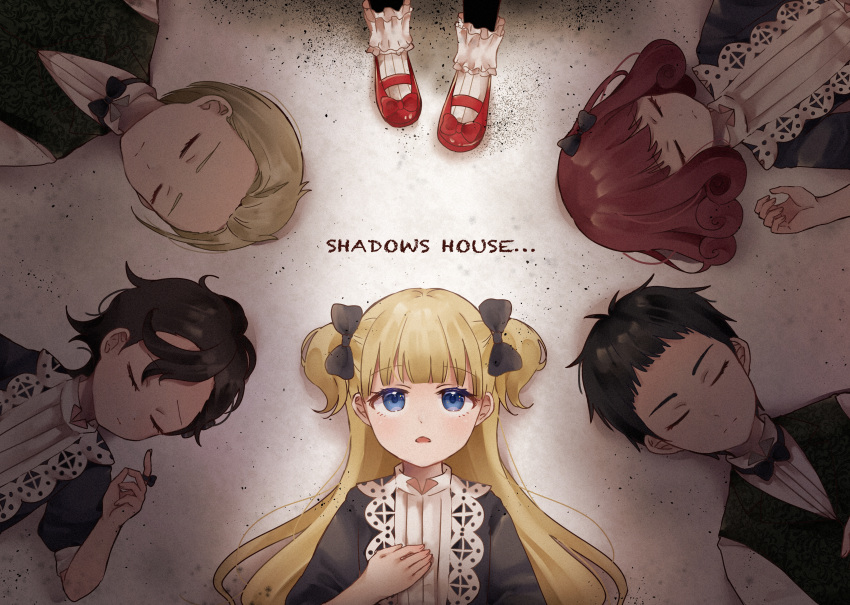 2boys 4girls absurdres apron bangs black_bow black_hair black_skin blonde_hair blue_bow blue_dress blue_eyes blunt_bangs bow closed_eyes colored_skin dress emilico_(shadows_house) hair_bow highres kate_(shadows_house) long_hair looking_up lou_(shadows_house) lying multiple_boys multiple_girls on_back open_mouth ram_(shadows_house) red_footwear red_hair ricky_(shadows_house) shadow_(shadows_house) shadows_house shaun_(shadows_house) shio_(sos_o00) shirt shoes short_hair two_side_up white_apron white_shirt