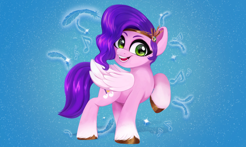 absurd_res brown_hooves crown cutie_mark equid equine eyebrows eyelashes feathered_wings feathers female feral green_eyes hair hasbro hi_res hooves mammal mlp_g5 musical_note my_little_pony pegasus pink_body pink_feathers pipp_petals_(mlp) purple_hair purple_tail smile solo techycutie wings