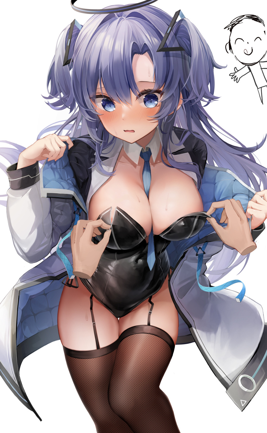 1boy 1girl absurdres areola_slip between_breasts black_garter_straps black_leotard blue_archive blue_eyes blue_necktie blush breasts brown_thighhighs closed_mouth cowboy_shot detached_collar disembodied_limb garter_straps halo hands_up highres jacket large_breasts leotard leotard_pull long_sleeves looking_at_viewer necktie necktie_between_breasts off_shoulder open_clothes open_jacket pulled_by_another purple_hair sensei_(blue_archive) shiranui_(nisioisin_sinob) shrug_(clothing) simple_background solo_focus strapless strapless_leotard thighhighs two_side_up unzipping white_background white_jacket yuuka_(blue_archive) zipper_pull_tab