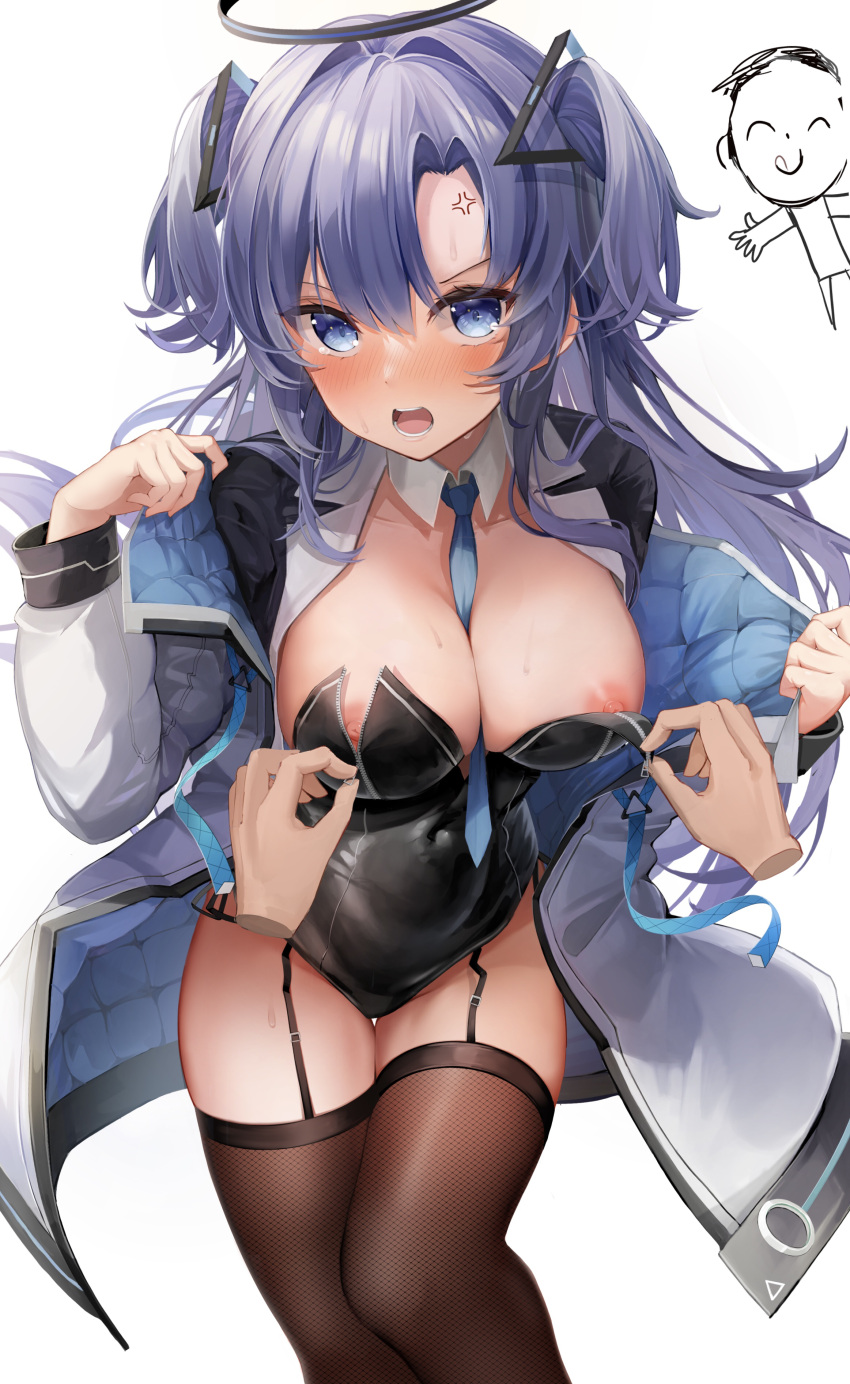 1boy 1girl absurdres between_breasts black_garter_straps black_leotard blue_archive blue_eyes blue_necktie blush breasts brown_thighhighs closed_mouth cowboy_shot detached_collar disembodied_limb garter_straps halo hands_up highres jacket large_breasts leotard leotard_pull long_sleeves looking_at_viewer necktie necktie_between_breasts nipple_slip nipples off_shoulder open_clothes open_jacket pulled_by_another purple_hair shiranui_(nisioisin_sinob) shrug_(clothing) simple_background solo_focus strapless strapless_leotard thighhighs two_side_up unzipping white_background white_jacket yuuka_(blue_archive) zipper_pull_tab
