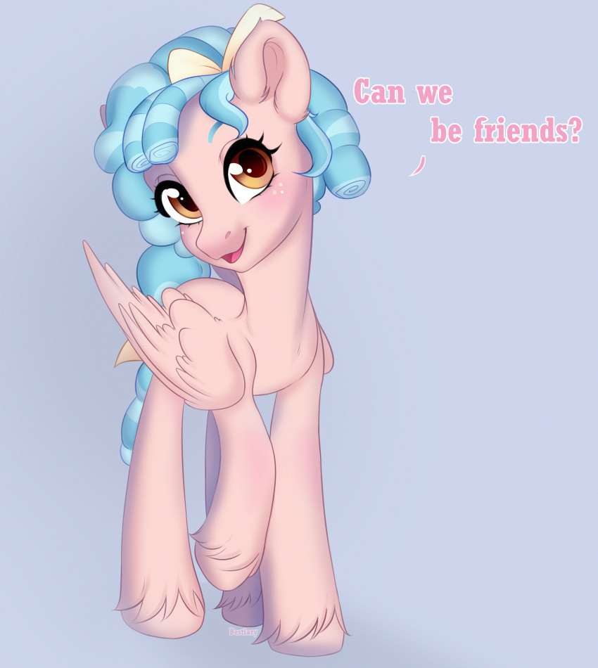 2019 absurd_res accessory bestiary7 blue_background blue_hair blue_tail bow_ribbon cozy_glow_(mlp) dialogue equid equine eyebrows eyelashes feathered_wings feathers female feral folded_wings freckles friendship_is_magic fur hair hair_accessory hair_bow hair_ribbon hasbro hi_res hooves mammal my_little_pony open_mouth open_smile orange_eyes pegasus pink_body pink_feathers pink_fur pink_hooves ribbons signature simple_background smile solo wings