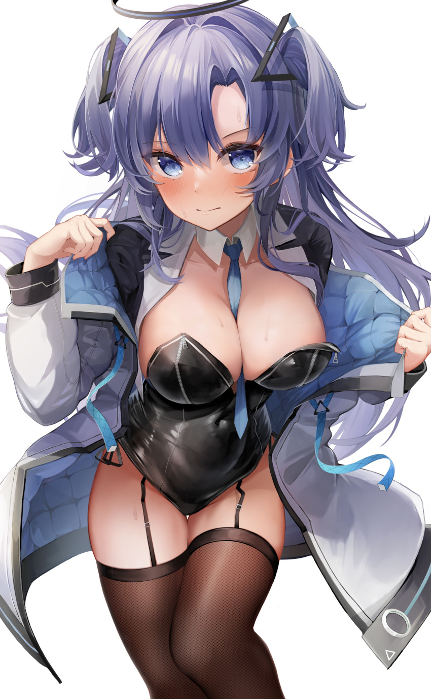 1girl absurdres between_breasts black_garter_straps black_leotard blue_archive blue_eyes blue_necktie blush breasts brown_thighhighs closed_mouth cowboy_shot detached_collar garter_straps halo hands_up highres jacket large_breasts leotard long_hair long_sleeves looking_at_viewer necktie necktie_between_breasts off_shoulder open_clothes open_jacket purple_hair shiranui_(nisioisin_sinob) shrug_(clothing) simple_background solo strapless strapless_leotard thighhighs two_side_up white_background white_jacket yuuka_(blue_archive) zipper_pull_tab