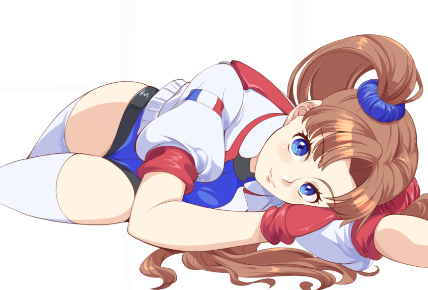 1girl 34_(sanjushi) athletic_leotard blue_eyes blue_leotard brown_hair gloves jacket leotard long_hair looking_at_viewer lying numan_athletics on_side outstretched_arm red_gloves scrunchie sharon_les_halles short_sleeves smile solo thighhighs thighs twintails white_jacket white_thighhighs
