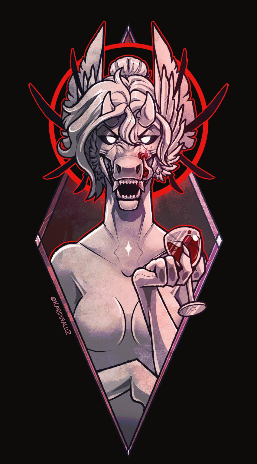 absurd_res anthro artist_name blood_on_face breasts bust_portrait fangs featureless_breasts female front_view glistening glistening_hair hair hi_res kardinaluz licking licking_lips licking_own_lips looking_at_viewer monotone_body no_pupils nude open_mouth portrait self_lick shadowwolfhunter simple_background solo tongue tongue_out white_eyes white_tongue