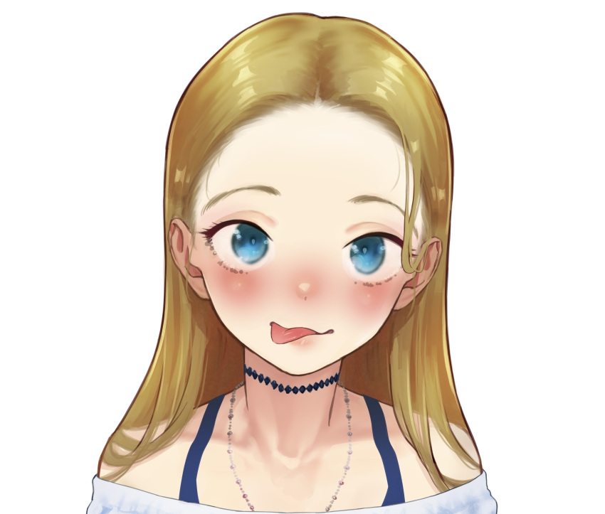 1girl absurdres blonde_hair blue_bra blue_eyes blush bra bra_strap choker forehead haguhagu_(rinjuu_circus) highres jewelry long_hair looking_at_viewer necklace off-shoulder_shirt off_shoulder original portrait sasha_(haguhagu) shirt simple_background smile solo underwear white_background