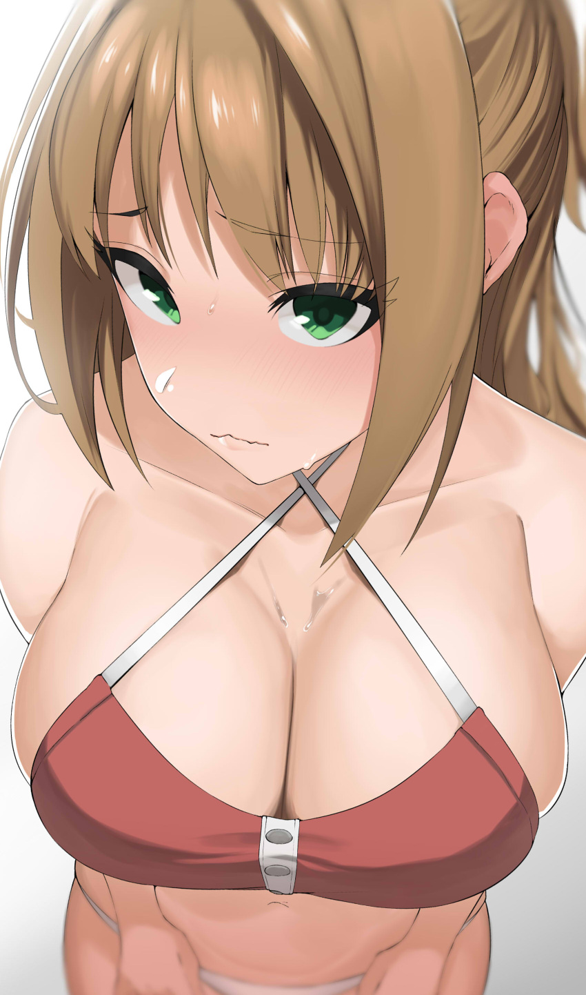 1girl absurdres apple_(ygbhjdbiulsg) bikini blush breasts brown_hair cleavage collarbone green_eyes halterneck highres hino_akane_(idolmaster) idolmaster idolmaster_cinderella_girls large_breasts looking_at_viewer mismatched_bikini navel ponytail sidelocks simple_background solo sweatdrop swimsuit wavy_mouth white_background