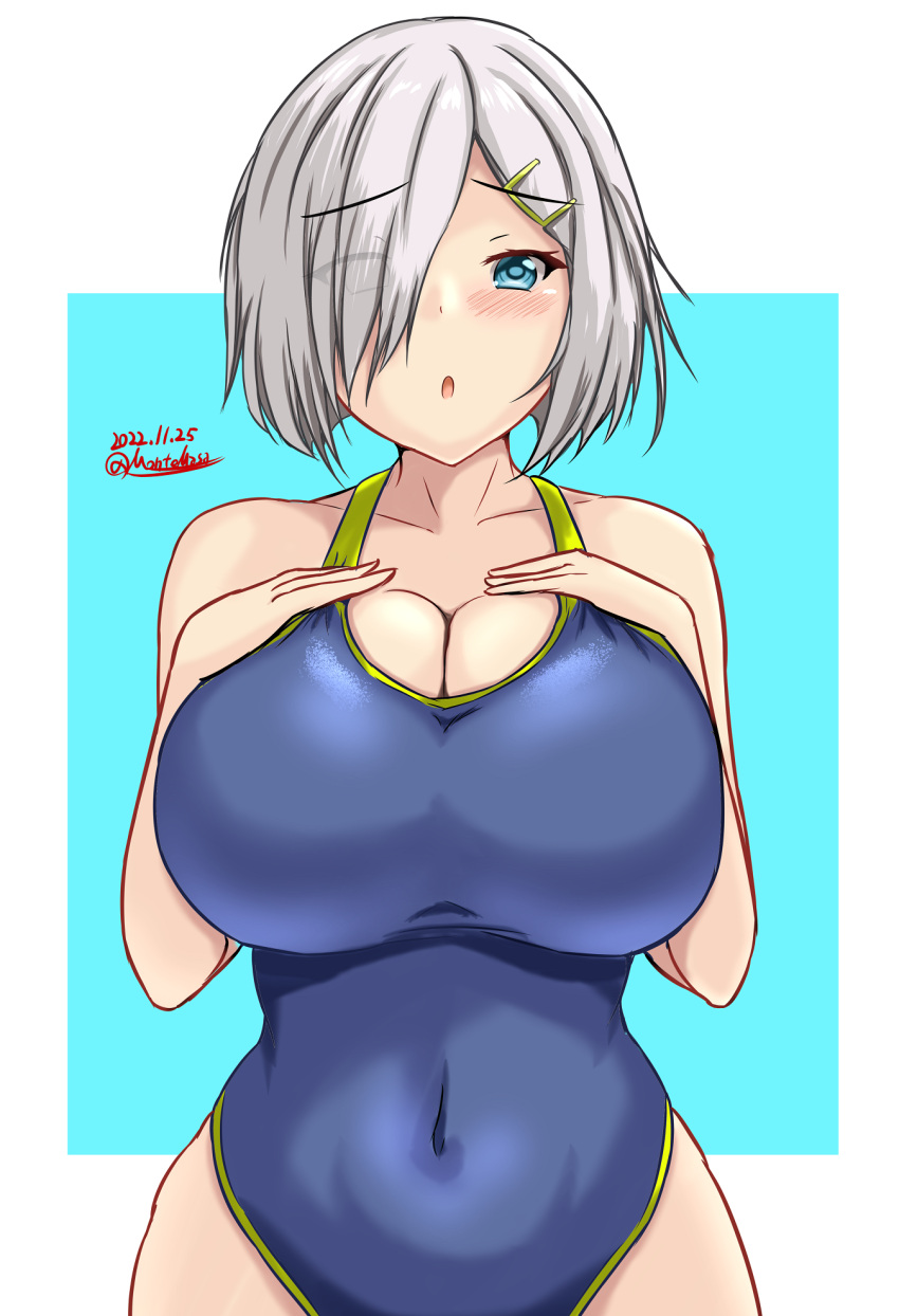 1girl blue_background blue_eyes blue_one-piece_swimsuit breasts collarbone competition_swimsuit covered_navel grey_hair hair_ornament hair_over_one_eye hairclip hamakaze_(kancolle) hands_on_own_chest highres kantai_collection large_breasts looking_at_viewer montemasa neckerchief one-piece_swimsuit short_hair solo swimsuit two-tone_background white_background
