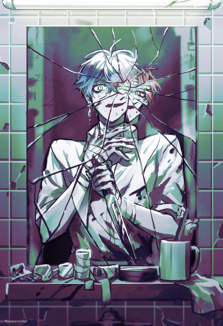 1boy bandages bathroom blood blood_on_clothes blood_on_face blood_on_knife broken_mirror crazy_eyes cup dual_persona earrings glint highres holding holding_knife ike_eveland jewelry knife looking_at_viewer male_focus mirror mug nijisanji nijisanji_en papercider pill red_hair shirt solo toothbrush toothpaste twitter_username virtual_youtuber