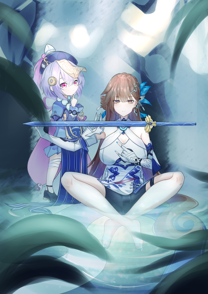 2girls absurdres bangs bare_shoulders barefoot blue_nails breasts brown_eyes brown_hair china_dress chinese_clothes cleavage cleavage_cutout closed_mouth clothing_cutout company_connection dress elbow_gloves floating floating_object floating_sword floating_weapon full_body genshin_impact gloves hair_ornament highres honkai_(series) honkai_impact_3rd indian_style jiangshi lake large_breasts li_sushang li_sushang_(jade_knight) long_hair long_sleeves mihoyo multiple_girls nail_polish outdoors pengzlp purple_eyes purple_hair qiqi_(genshin_impact) sitting sword thighhighs toenail_polish toenails water weapon white_dress white_gloves white_thighhighs yin_yang