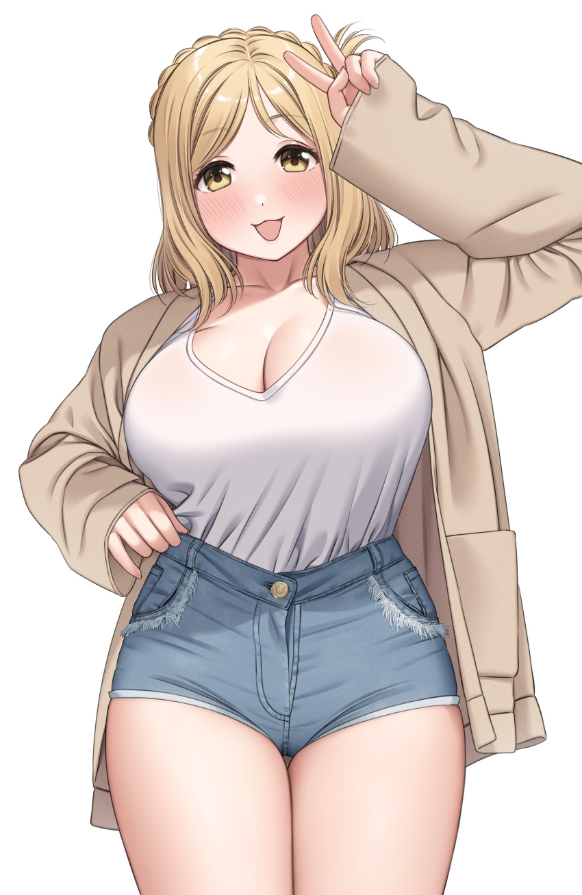 1girl :3 :d absurdres arm_up bangs blonde_hair blue_shorts blush braid breasts brown_jacket buttons cleavage collarbone commentary cowboy_shot crown_braid denim denim_shorts fingernails hand_up high-waist_shorts highres jacket large_breasts long_sleeves looking_at_viewer love_live! love_live!_sunshine!! medium_hair ohara_mari open_clothes open_jacket open_mouth pocket see-through shirt shirt_tucked_in short_shorts shorts simple_background single_braid sleeves_past_wrists smile solo standing swept_bangs thigh_gap v white_background white_shirt yellow_eyes yonsi