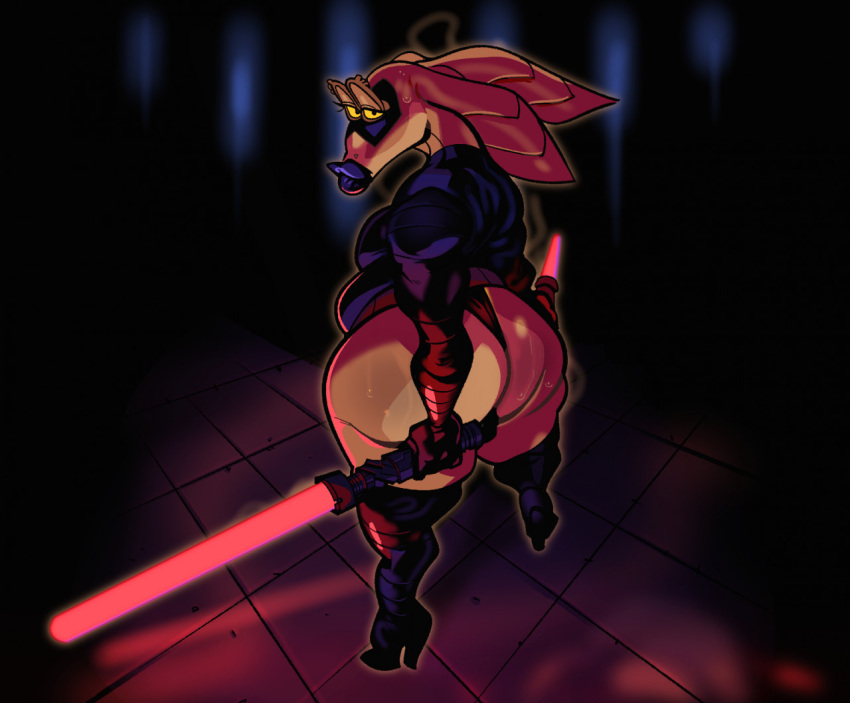 alien anthro black_lipstick brown_body brown_skin butt clothed clothing crossdressing dual_wielding footwear girly gungan high_heels holding_object holding_weapon jar_jar_binks lightsaber lips lipstick looking_at_viewer makeup male melee_weapon narrowed_eyes solo standing star_wars submarine_screw thick_lips thick_thighs weapon