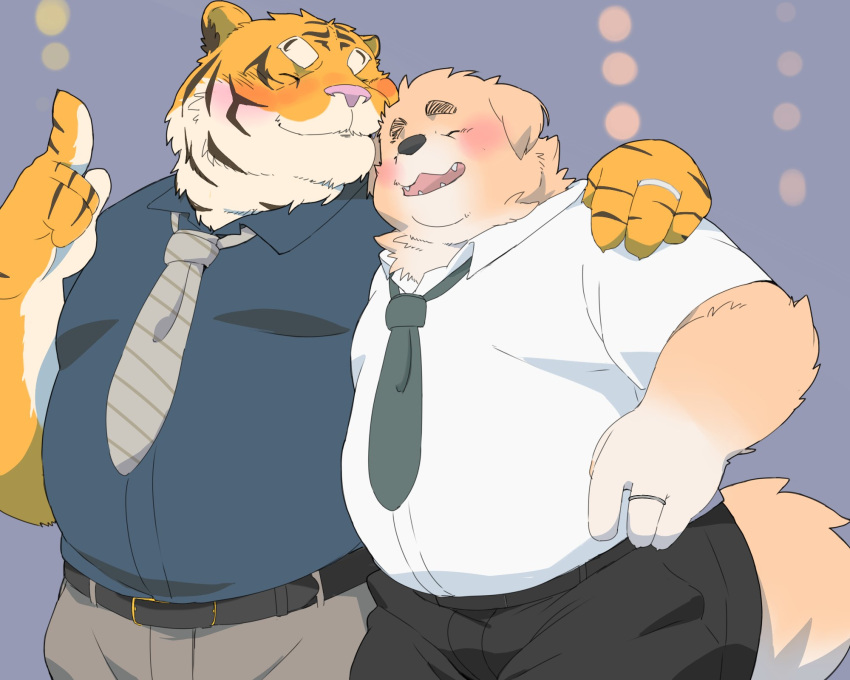 2022 anthro blush bottomwear canid canine canis clothing domestic_dog duo felid hi_res humanoid_hands inunoshippo kemono male male/male mammal necktie overweight overweight_male pantherine pants shirt tiger topwear