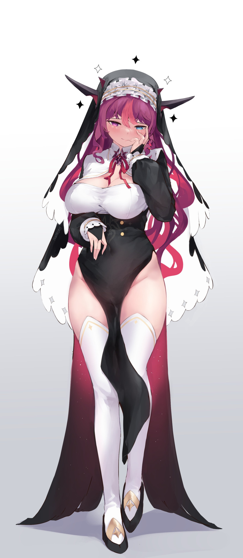 1girl absurdres bangs black_footwear blush breasts cleavage cleavage_cutout clothing_cutout covered_navel groin_tendon hand_on_own_face heterochromia highres hololive hololive_english horns irys_(hololive) large_breasts looking_at_viewer namiorii nun red_hair thighhighs virtual_youtuber white_thighhighs
