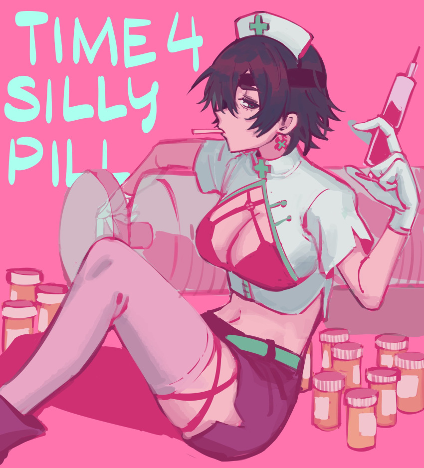 1girl black_hair breasts chainsaw_man cigarette cleavage cleavage_cutout clothing_cutout crop_top earrings eyepatch gloves green_eyes highres himeno_(chainsaw_man) holding holding_syringe jewelry large_breasts large_syringe liowig looking_at_viewer midriff miniskirt oversized_object pill_bottle pink_theme short_hair simple_background sitting skirt smoking solo syringe thighhighs white_gloves