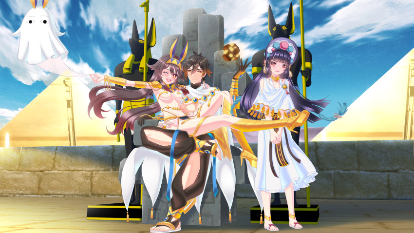 &lt;o&gt;_&lt;o&gt; 1boy 2girls :| absurdres alternate_costume animal_ears anubis_(mythology) baggy_pants bangs black_gloves black_hair black_headwear blunt_bangs blush bonnet bracelet braid breasts brown_hair cape closed_mouth cloud cloudy_sky coat colored_tips commission cosplay dark_skin day diamond-shaped_pupils diamond_(shape) dress earrings egyptian egyptian_clothes eyeliner eyeshadow face-to-face fate/grand_order fate/prototype fate/prototype:_fragments_of_blue_and_silver fate_(series) floating floating_object flower-shaped_pupils full_body ganerz genshin_impact ghost ghost_costume girl_on_top gloves gradient_hair hair_between_eyes hand_on_another's_shoulder hand_up harem highres hime_cut hu_tao_(genshin_impact) incredibly_absurdres jackal_ears jewelry loincloth long_hair looking_at_viewer makeup medium_breasts medjed_(fate) medjed_(fate)_(cosplay) microskirt mixed-language_commentary multicolored_clothes multicolored_hair multicolored_headwear multiple_girls navel nefertari_(fate) nefertari_(fate)_(cosplay) nitocris_(fate) nitocris_(fate)_(cosplay) nitocris_(third_ascension)_(fate) one_eye_closed open_mouth outdoors own_hands_together ozymandias_(fate) ozymandias_(fate)_(cosplay) pants purple_hair pyramid_(structure) red_eyes red_eyeshadow second-party_source sidelocks single_earring sitting sitting_on_person skirt sky smile star-shaped_pupils star_(symbol) statue symbol-shaped_pupils tassel tassel_earrings teeth throne toned toned_male twin_braids twintails upper_teeth usekh_collar vision_(genshin_impact) white_cape white_coat white_dress yellow_eyes yun_jin_(genshin_impact) zhongli_(genshin_impact)
