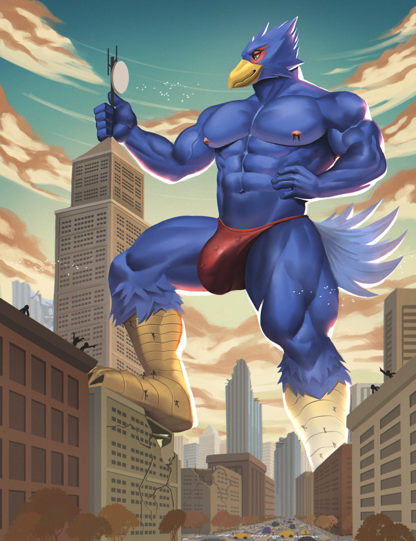 2022 absurd_res anthro avian bird blue_body building bulge car city clothing destruction evening falco_lombardi feet foot_on_object genital_outline hi_res macro male muscular muscular_male nintendo plant purpledragonrei rampage speedo star_fox stomping swimwear tree vehicle video_games worship