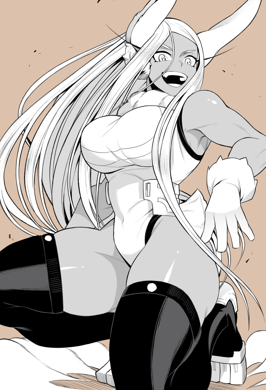 1girl :d absurdres animal_ears armpit_crease bangs bare_shoulders boku_no_hero_academia breasts covered_navel crescent_print dark-skinned_female dark_skin fur_collar gloves greyscale_with_colored_background highleg highleg_leotard highres koyap large_breasts leotard long_eyelashes long_hair looking_at_viewer mirko monochrome one_knee open_mouth parted_bangs rabbit_ears rabbit_girl rabbit_tail sleeveless_turtleneck_leotard smile solo tail taut_leotard teeth thick_thighs thighhighs thighs toned very_long_hair white_gloves white_hair white_leotard