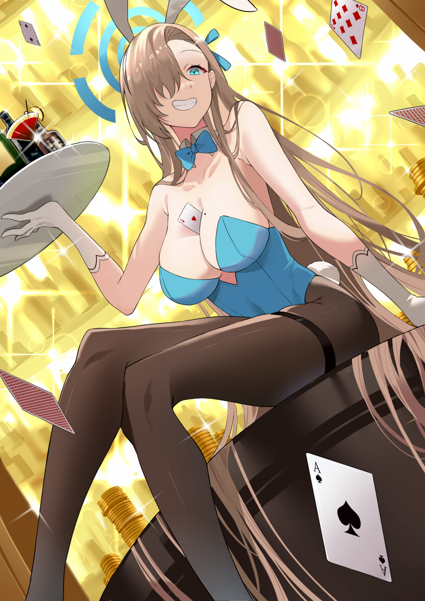 1girl :d absurdres animal_ears asuna_(blue_archive) asuna_(bunny)_(blue_archive) bangs bar_(place) between_breasts blue_archive blue_bow blue_bowtie blue_eyes blue_leotard bottle bow bowtie breasts brown_pantyhose card cleavage cocktail_glass crossed_legs cup drinking_glass fake_animal_ears gloves grin hair_over_one_eye halo headband highres holding holding_tray large_breasts leotard long_hair looking_at_viewer mole mole_on_breast mush_(mushlicious) pantyhose playboy_bunny playing_card poker poker_chip poker_table rabbit_ears sitting smile strapless strapless_leotard table teeth tray white_gloves wine_bottle wine_glass