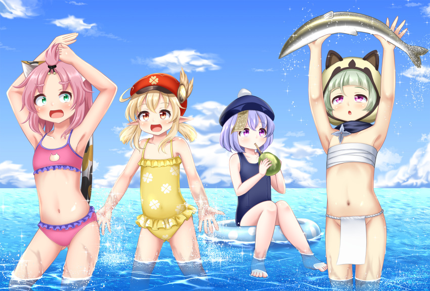 :d alternate_costume animal_ears armpits arms_up bangs barefoot bikini black_scarf blue_one-piece_swimsuit blue_sky blunt_bangs cabbie_hat cat_ears cat_girl cat_tail cloud cloudy_sky clover_print coconut collarbone commentary_request diona_(genshin_impact) drinking_straw drinking_straw_in_mouth fake_animal_ears fish forehead frilled_bikini frilled_one-piece_swimsuit frills fundoshi genshin_impact green_eyes grey_hair groin hair_between_eyes hat hat_feather hat_ornament highres horizon in_water innertube japanese_clothes klee_(genshin_impact) knees_together_feet_apart light_brown_hair long_hair looking_at_another low_ponytail low_twintails navel ocean ofuda old_school_swimsuit one-piece_swimsuit orange_eyes pink_hair purple_eyes purple_hair qiqi_(genshin_impact) raccoon_ears raccoon_hood rena_(riries) sarashi sayu_(genshin_impact) scarf school_swimsuit short_hair shuriken sidelocks sitting sky sleeveless smile stomach swimsuit tail thick_eyebrows twintails weapon wet wet_clothes wet_swimsuit yellow_one-piece_swimsuit