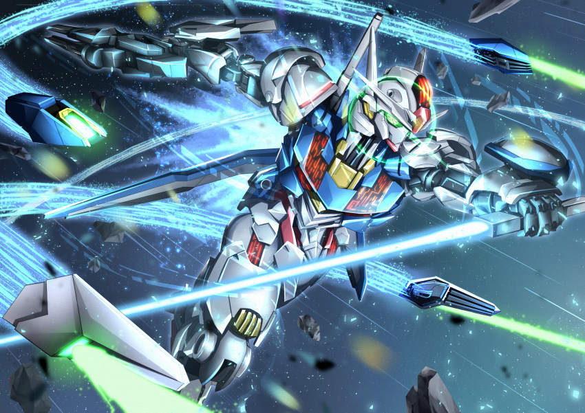 beam_rifle beam_saber commentary_request dual_wielding energy_gun funnels_(gundam) glowing glowing_eyes green_eyes gun gundam gundam_aerial gundam_suisei_no_majo highres holding holding_gun holding_sword holding_weapon light_particles mecha mobile_suit no_humans robot science_fiction solo sword troy_(oxaa01ex) twisted_torso v-fin weapon