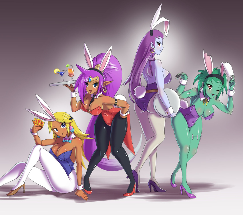 4girls absurdres blonde_hair blue_eyes colored_skin earrings green_skin high_heels highres jewelry multiple_girls playboy_bunny pointy_ears ponytail purple_hair risky_boots rottytops shantae shantae_(series) sky_(shantae) solo sonicboom30813