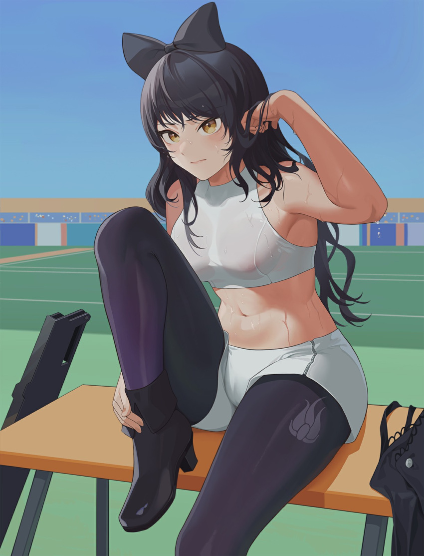 1girl bangs bare_arms black_footwear black_hair black_pantyhose blake_belladonna breasts brown_eyes closed_mouth covered_nipples day hair_between_eyes hand_in_own_hair highres legwear_under_shorts long_hair medium_breasts midriff navel outdoors pantyhose rwby see-through shiny shiny_hair short_shorts shorts sitting smile solo sports_bra stomach wangxiii wet wet_clothes white_shorts white_sports_bra