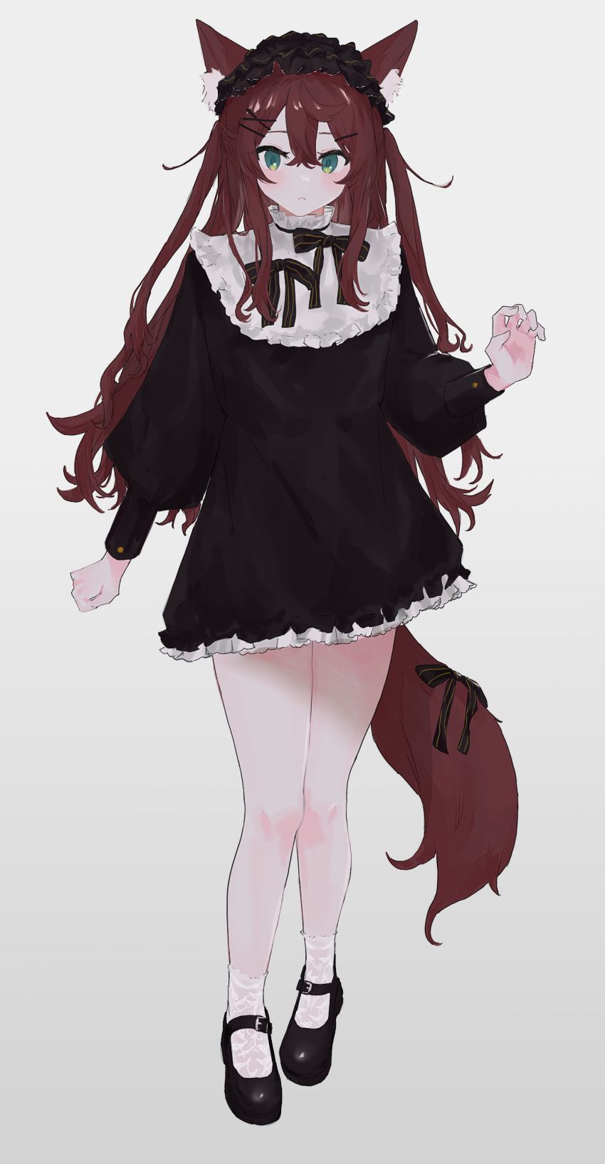 1girl :3 absurdres animal_ear_fluff animal_ears black_bow black_dress black_footwear bow brown_hair chamu_(kohaku_sogo) dress fang full_body gradient gradient_background green_eyes grey_background hairband highres kohaku_sogo lolita_hairband long_hair long_sleeves mary_janes original puffy_long_sleeves puffy_sleeves ribbon shoes skin_fang socks solo standing striped striped_bow striped_ribbon tail tail_bow tail_ornament two_side_up white_socks wolf_ears wolf_tail