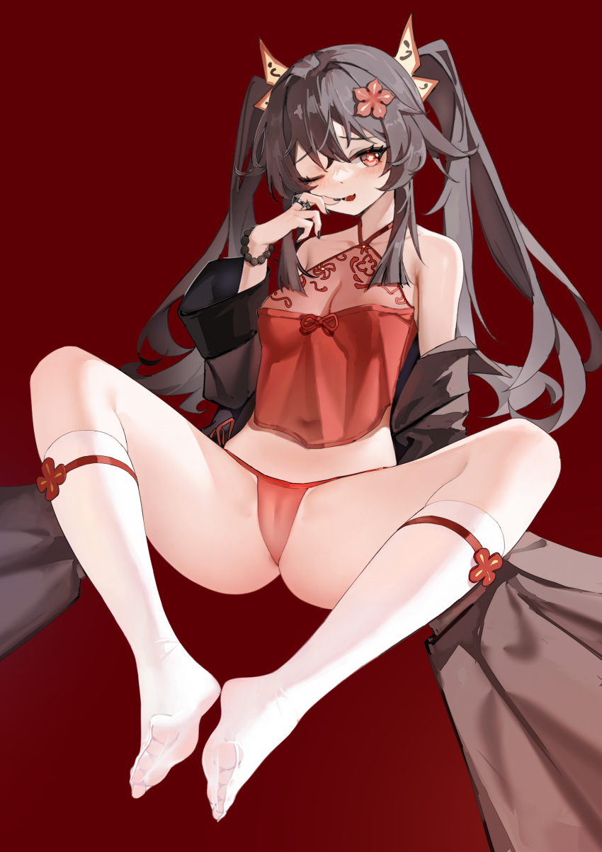 1girl ;d absurdres bangs bare_shoulders bead_bracelet beads black_nails bracelet breasts brown_hair cleavage crop_top feet flower flower-shaped_pupils full_body genshin_impact hair_flower hair_ornament halterneck highres hu_tao_(genshin_impact) hundun_no_bifang jewelry kneehighs knees_apart_feet_together long_hair long_sleeves looking_at_viewer medium_breasts no_shoes off_shoulder one_eye_closed panties red_background red_eyes red_panties red_shirt revision shirt simple_background sitting smile socks solo symbol-shaped_pupils twintails underwear white_socks