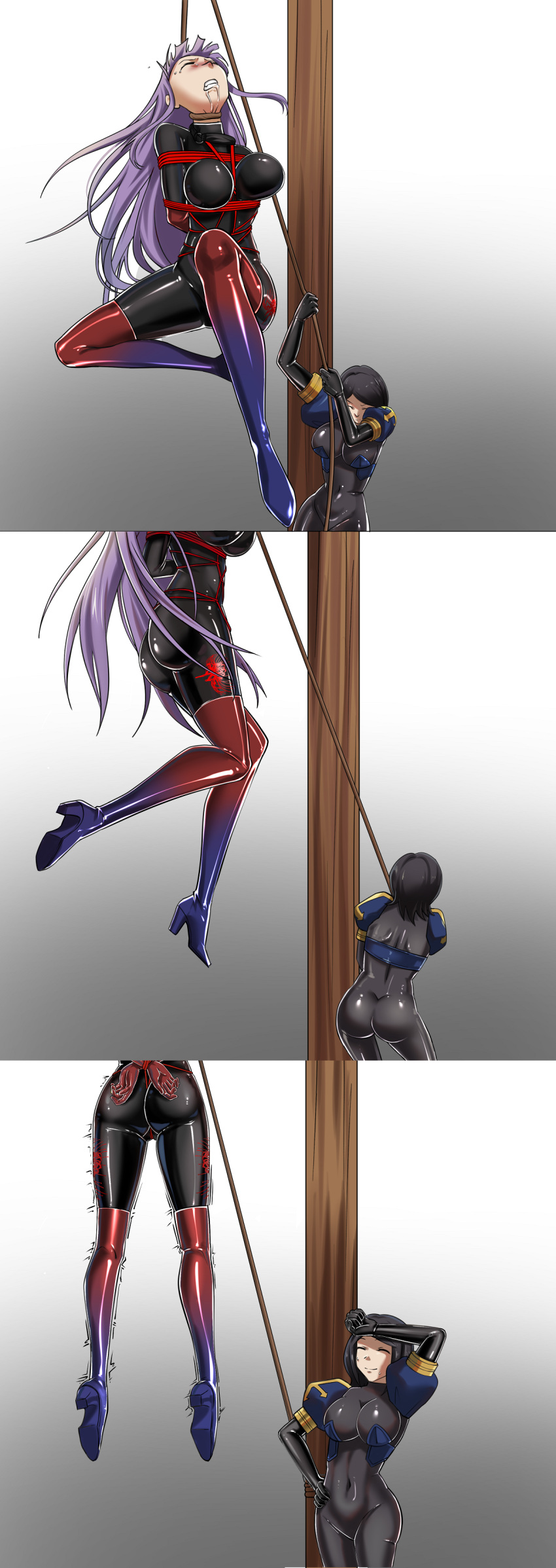 2girls absurdres arms_behind_back asagami_fujino ass bangs bdsm black_hair bodysuit bondage bondage_outfit boots bound breasts closed_eyes corpse dozm_(txnmb) execution eyebrows_hidden_by_hair fate/grand_order fate_(series) gag gagged gloves guro hanged highres kara_no_kyoukai latex latex_bodysuit latex_gloves latex_legwear long_hair multiple_girls purple_hair red_eyes ryona shibari short_hair smile thigh_boots yuri