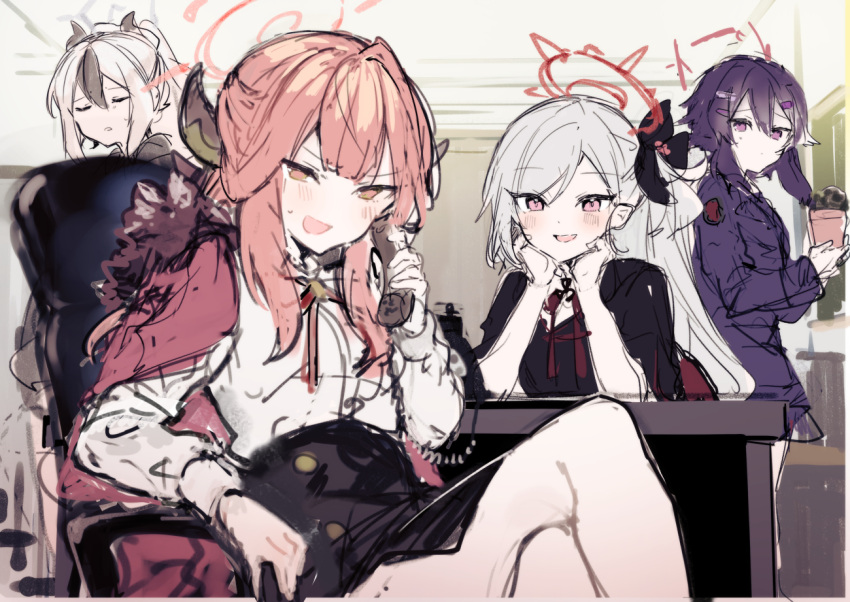 4girls :d aru_(blue_archive) bangs black_hair black_jacket black_skirt blue_archive blush brown_eyes brown_jacket chair corded_phone crossed_legs desk fur-trimmed_jacket fur_trim grey_hair half-closed_eyes halo haruka_(blue_archive) holding holding_phone horns ikeuchi_tanuma indoors jacket jacket_on_shoulders kayoko_(blue_archive) multicolored_hair multiple_girls mutsuki_(blue_archive) office_chair on_chair parted_lips phone pink_hair ponytail purple_eyes purple_hair purple_jacket purple_skirt red_hair shirt sitting sketch skirt smile sweat swept_bangs two-tone_hair v-shaped_eyebrows white_shirt