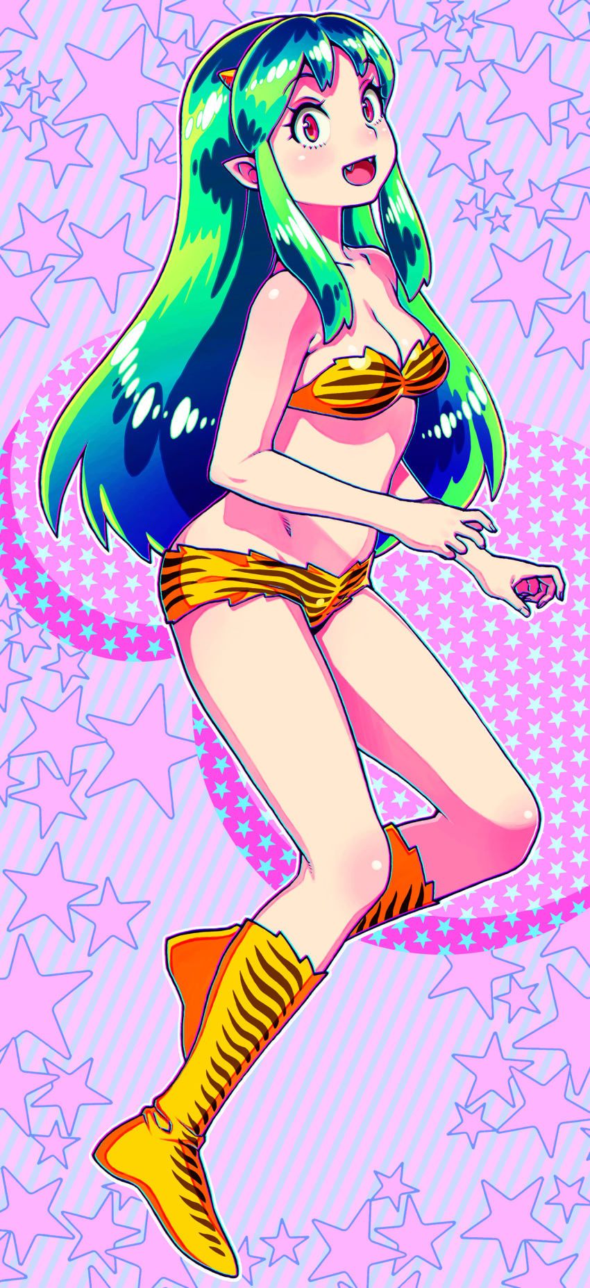 1girl absurdres animal_print bikini blush boots breasts chromatic_aberration cleavage fangs full_body green_hair highres hijiri_rei horns knee_boots long_hair looking_at_viewer lum medium_breasts oni_horns open_mouth orange_eyes pointy_ears print_bikini print_footwear smile solo star_(symbol) starry_background strapless strapless_bikini swimsuit tiger_print urusei_yatsura