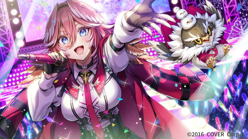 1girl :d arm_up bangs black_choker blue_eyes blush breasts choker ganmo_(takane_lui) gloves glowstick hair_between_eyes head_wings holding holding_microphone hololive jacket jacket_on_shoulders kubota_masaki large_breasts long_sleeves medium_hair microphone necktie official_art outstretched_arm partially_fingerless_gloves pink_hair puffy_long_sleeves puffy_sleeves red_necktie shirt smile solo stage takane_lui tsukune_(takane_lui) tsumire_(takane_lui) virtual_youtuber white_shirt