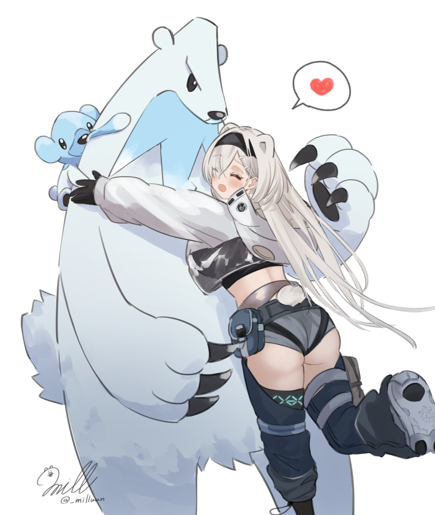 1girl :o ^_^ animal_ears arknights ass aurora_(arknights) bangs bear_ears bear_tail beartic black_gloves black_hairband black_shirt chaps closed_eyes commentary_request crop_top cropped_jacket cubchoo foot_out_of_frame gloves grey_shorts hair_over_one_eye hairband heart highres hug infection_monitor_(arknights) jacket midriff milluun navel open_mouth pokemon pokemon_(creature) see-through shirt short_shorts shorts simple_background spoken_heart standing standing_on_one_leg stomach tail underbutt white_background white_hair white_jacket