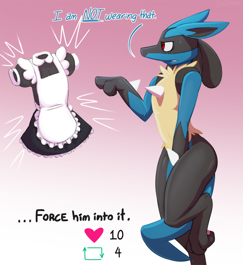 2022 anthro biped black_body black_fur blue_body blue_fur blush bodily_fluids bottomless butt clothed clothing digitigrade dripponi english_text fur generation_4_pokemon gradient_background hi_res lucario male nintendo pawpads pink_pawpads pokemon pokemon_(species) presenting presenting_hindquarters red_eyes shaded simple_background solo sweat text video_games yellow_body yellow_fur