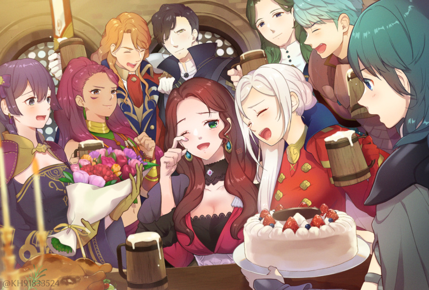 4boys 5girls :d ;) ;d aqua_hair beer_mug bernadetta_von_varley birthday_cake birthday_party black_choker black_eyes black_hair blue_eyes blue_gemstone blue_hair blurry blurry_foreground bouquet bow braid breasts brown_eyes brown_hair byleth_(fire_emblem) byleth_(fire_emblem)_(female) cake candle cape caspar_von_bergliez choker cleavage closed_eyes closed_mouth cup dorothea_arnault dress earrings edelgard_von_hresvelg fang ferdinand_von_aegir fire_emblem fire_emblem:_three_houses flower food gem gloves green_hair grey_cape hair_bow hair_over_shoulder hand_on_another's_shoulder happy_birthday high_ponytail highres holding holding_bouquet holding_cup holding_plate hubert_von_vestra indoors jewelry kh_(tanakananataka) large_breasts linhardt_von_hevring long_hair midriff mug multiple_boys multiple_girls nail_polish navel one_eye_closed open_mouth petra_macneary pink_nails plate profile purple_bow purple_flower purple_hair red_dress red_flower red_hair shiny shiny_hair short_hair side_ponytail smile stomach twitter_username white_gloves white_hair yellow_eyes yellow_flower