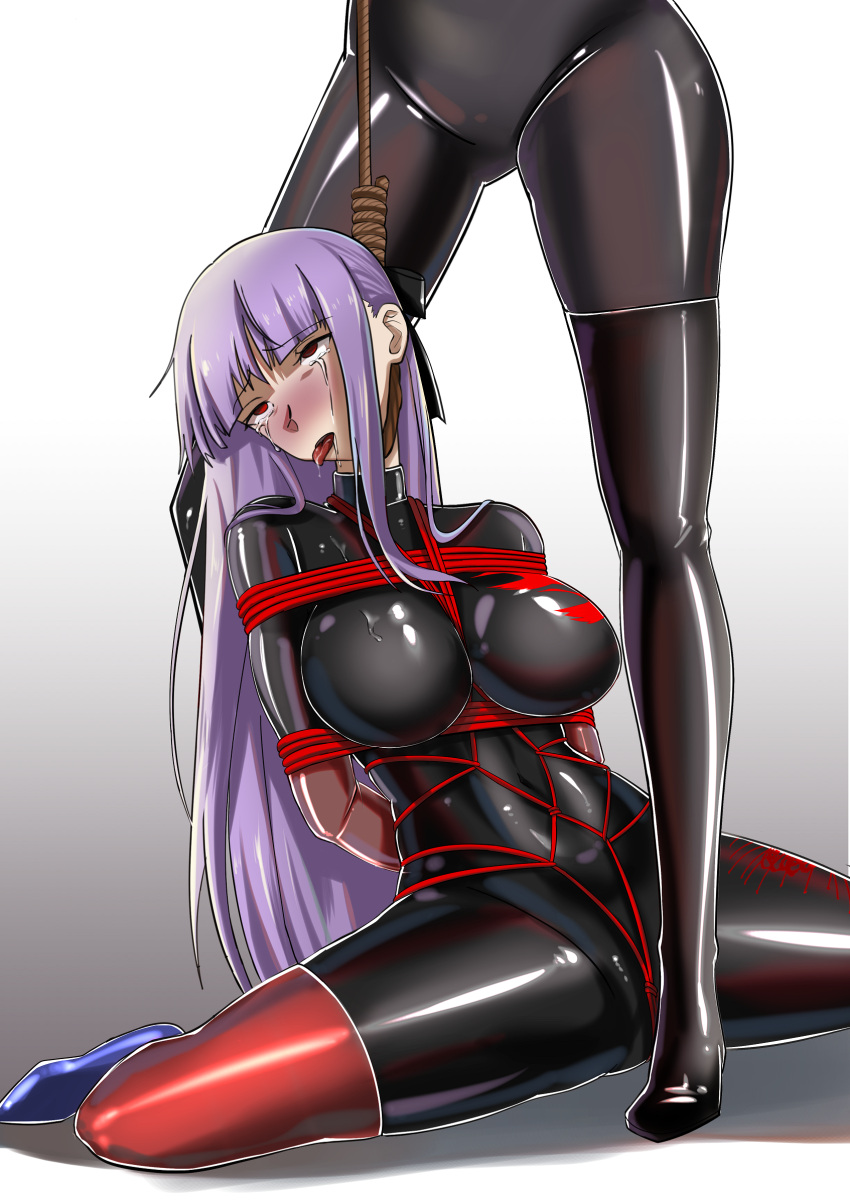 2girls absurdres asagami_fujino ass bangs bdsm bodysuit bondage bondage_outfit boots bound breasts corpse dozm_(txnmb) execution eyebrows_hidden_by_hair fate/grand_order fate_(series) gag gagged gloves guro hanged highres kara_no_kyoukai latex latex_bodysuit latex_gloves latex_legwear long_hair multiple_girls purple_hair red_eyes ryona saliva shibari sitting tears thigh_boots tongue tongue_out yuri