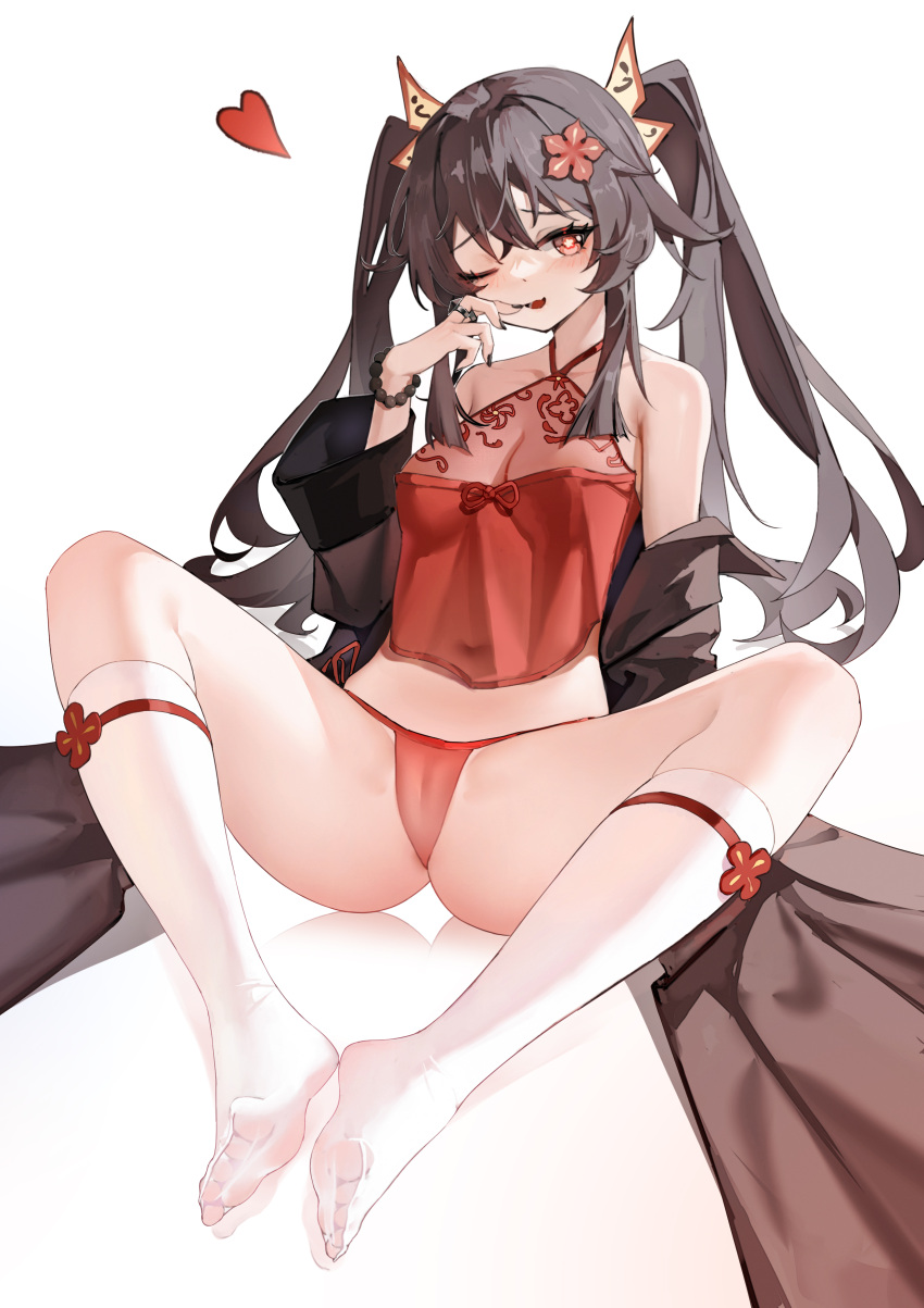 1girl ;d absurdres bangs bare_shoulders bead_bracelet beads black_nails bracelet breasts brown_hair cleavage crop_top flower flower-shaped_pupils full_body genshin_impact hair_flower hair_ornament halterneck heart highres hu_tao_(genshin_impact) hundun_no_bifang jewelry kneehighs knees_apart_feet_together long_hair long_sleeves looking_at_viewer medium_breasts no_shoes off_shoulder one_eye_closed panties red_eyes red_panties red_shirt revision shirt simple_background sitting smile socks solo symbol-shaped_pupils twintails underwear white_background white_socks