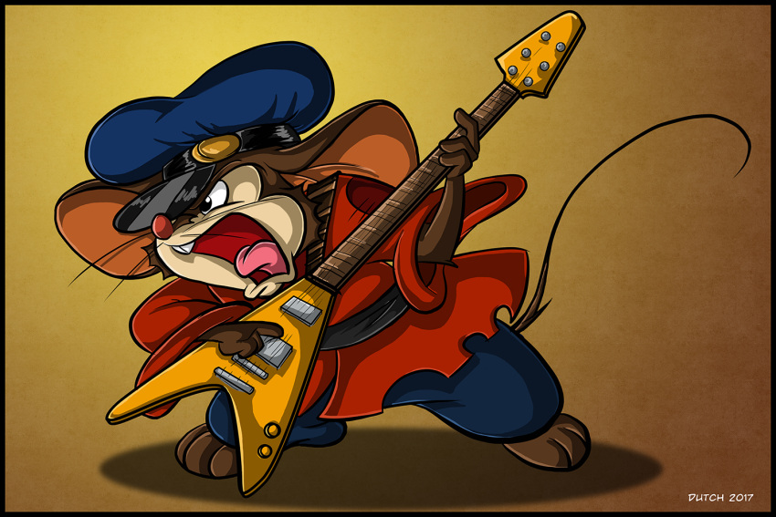 2017 an_american_tail anthro barefoot belt bottomwear buckteeth clothed clothing coat don_bluth dutch_(artist) electric_guitar feet fievel_mousekewitz fur guitar hat headgear headwear holding_guitar holding_musical_instrument holding_object leaning leaning_forward male mammal mouse murid murine musical_instrument open_mouth pants playing_guitar playing_music plucked_string_instrument raised_tail red_nose rodent signature solo standing string_instrument teeth tongue topwear whiskers wide_eyed