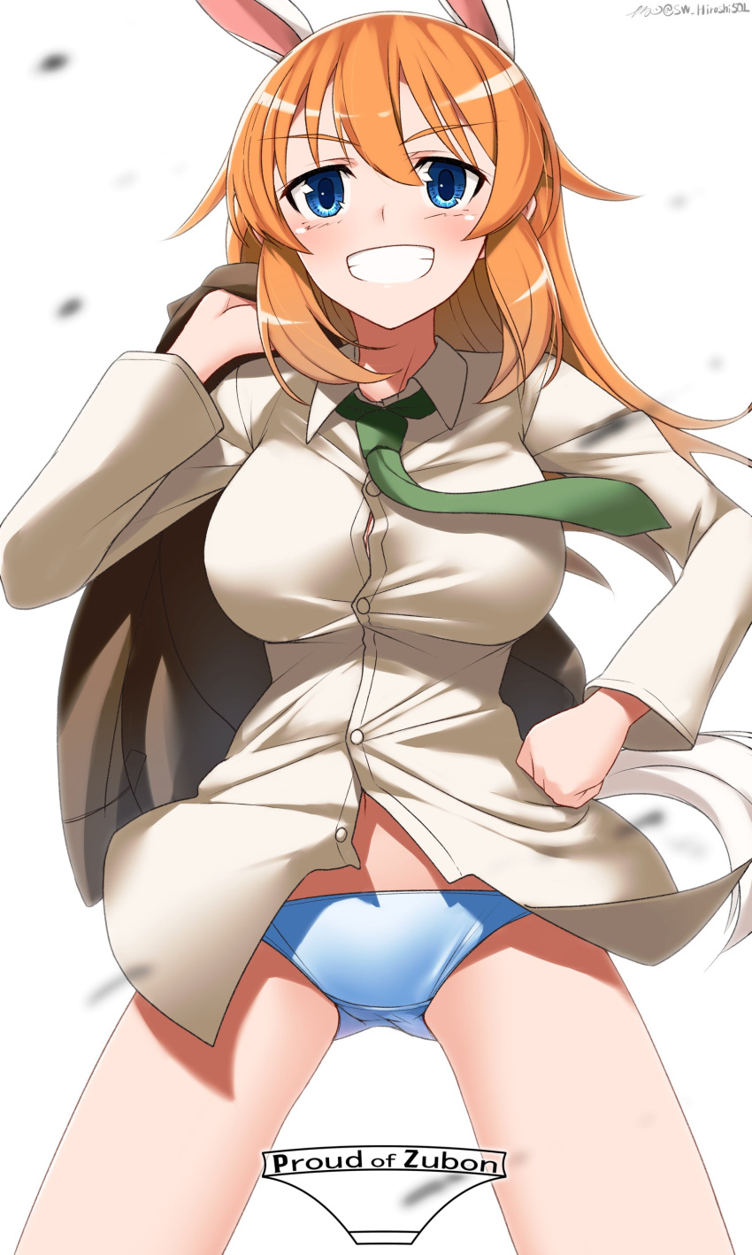 1girl absurdres animal_ears blue_eyes blush breasts charlotte_e._yeager green_necktie grin hand_on_hip highres hiroshi_(hunter-of-kct) jacket jacket_over_shoulder jacket_removed large_breasts long_hair looking_at_viewer necktie orange_hair panties rabbit_ears shiny shiny_hair shirt simple_background smile solo standing strike_witches underwear white_background white_panties white_shirt world_witches_series