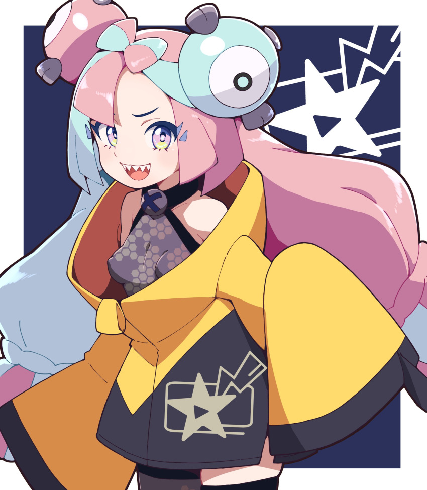 1girl bow-shaped_hair breasts character_hair_ornament covered_nipples grey_pantyhose hair_ornament hexagon_print highres iono_(pokemon) jacket long_hair low-tied_long_hair multicolored_hair oversized_clothes pantyhose pokemon pokemon_(game) pokemon_sv sharp_teeth single_leg_pantyhose sleeves_past_fingers sleeves_past_wrists small_breasts solo split-color_hair teeth very_long_sleeves x yellow_jacket yokoyoko_(nazonazo)