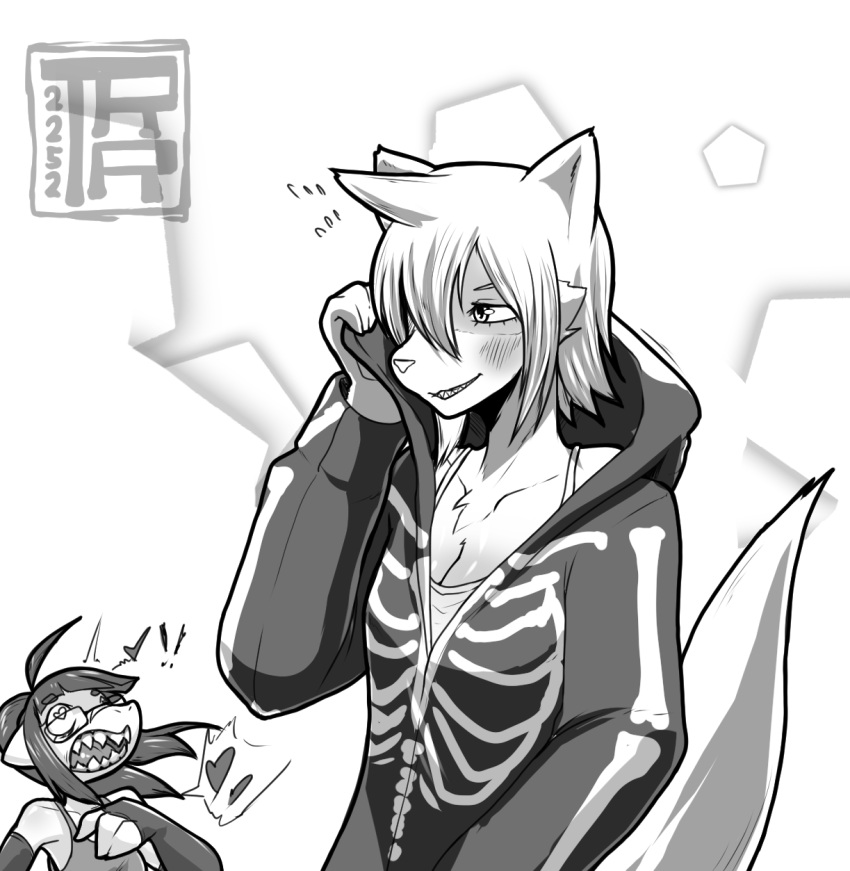 animal_humanoid anthro breasts cleavage clothed clothing duo embarrassed female female_anthro fur grin hair hi_res humanoid kemono mammal mammal_humanoid monochrome mustela mustelid musteline muuko_kagachi obscured_eyes portrait simple_background small_breasts smile solo_focus source_request sweatshirt tamamo-chan's_a_fox true_musteline white_background