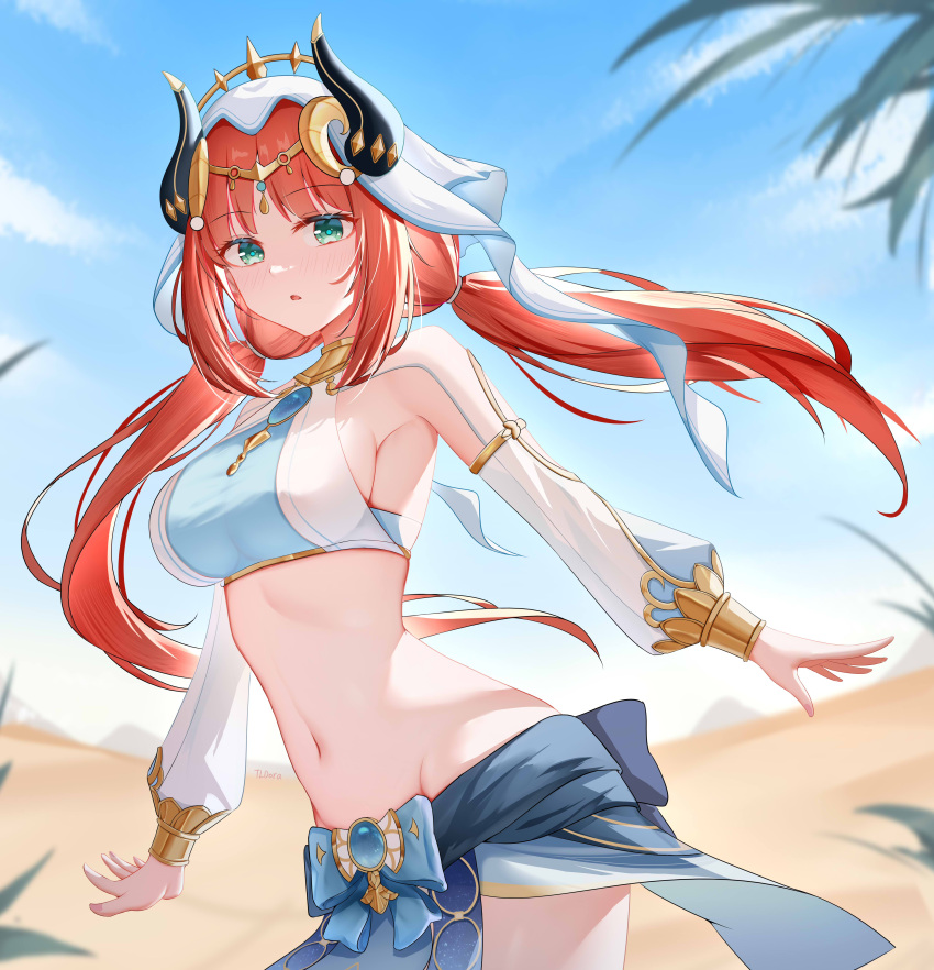 1girl absurdres blue_bow blue_gemstone blue_skirt blue_sky bow bracer breasts brooch circlet commentary_request crop_top day detached_sleeves doraski fake_horns floating_hair gem genshin_impact harem_outfit highres horns jewelry long_hair long_sleeves looking_at_viewer low_twintails medium_breasts navel neck_ring nilou_(genshin_impact) outdoors puffy_long_sleeves puffy_sleeves red_hair sand shirt shrug_(clothing) sideboob skirt sky solo stomach taut_clothes taut_shirt twintails veil white_headwear white_shirt white_sleeves