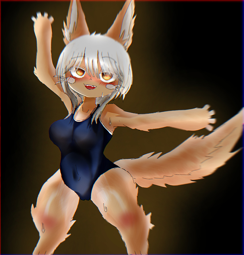 anthro backlighting blush blush_lines bodily_fluids breasts brown_body brown_fur clothed clothing female fur hair hi_res lagomorph leporid light lighting made_in_abyss mammal nanachi narehate open_mouth rabbit ryogo school_swimsuit simple_background solo sweat sweatdrop sweaty_legs swimwear white_hair yellow_eyes