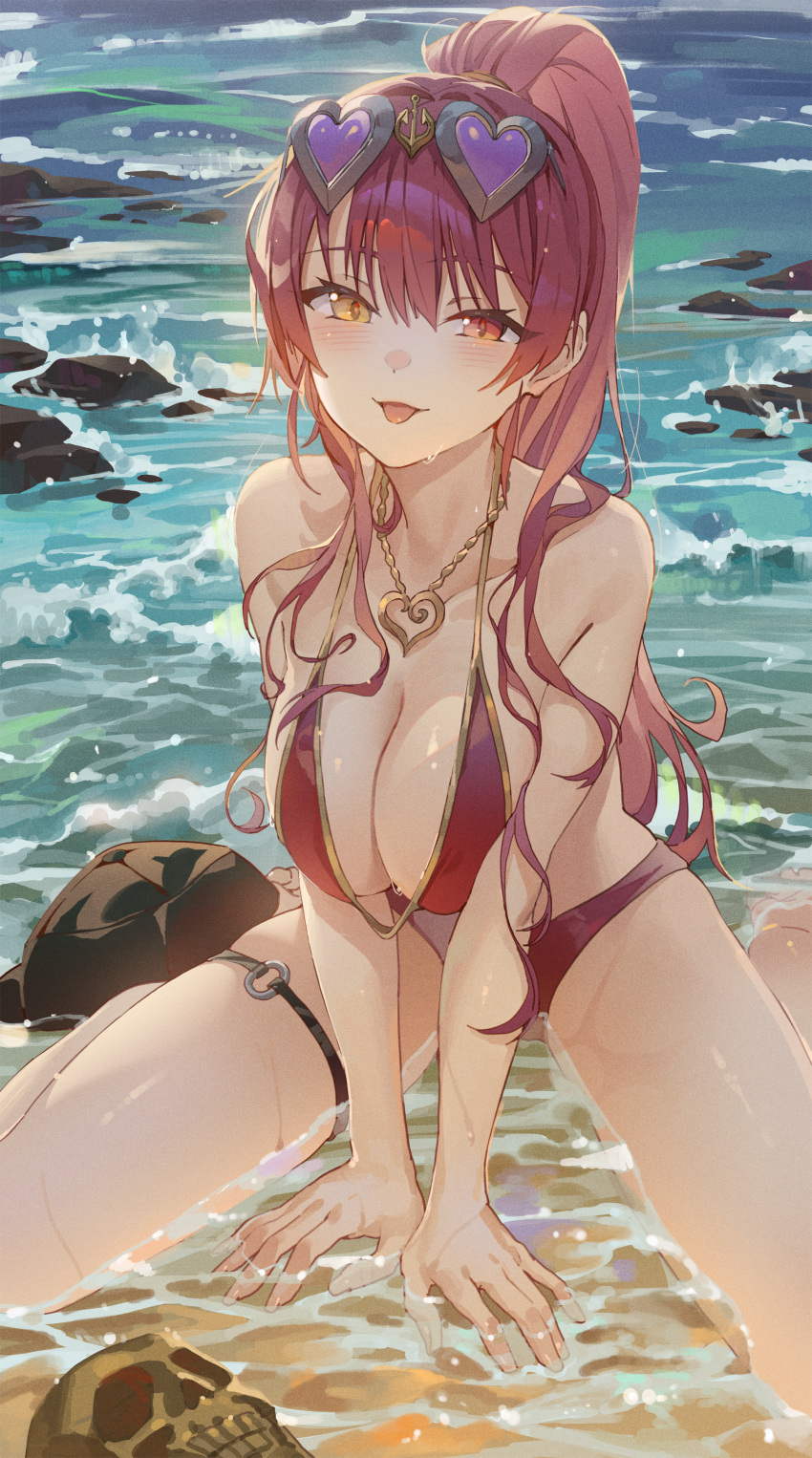 1girl :p absurdres bangs bare_shoulders between_legs bikini blush breasts cleavage collarbone hair_ornament hair_over_shoulder hand_between_legs heart heart_hair_ornament heterochromia high_ponytail highres hololive houshou_marine hxxg jewelry large_breasts long_hair looking_at_viewer necklace ocean open_mouth red_bikini red_eyes red_hair rock sand sidelocks sitting solo spread_legs swimsuit thighlet tongue tongue_out virtual_youtuber wariza waves yellow_eyes