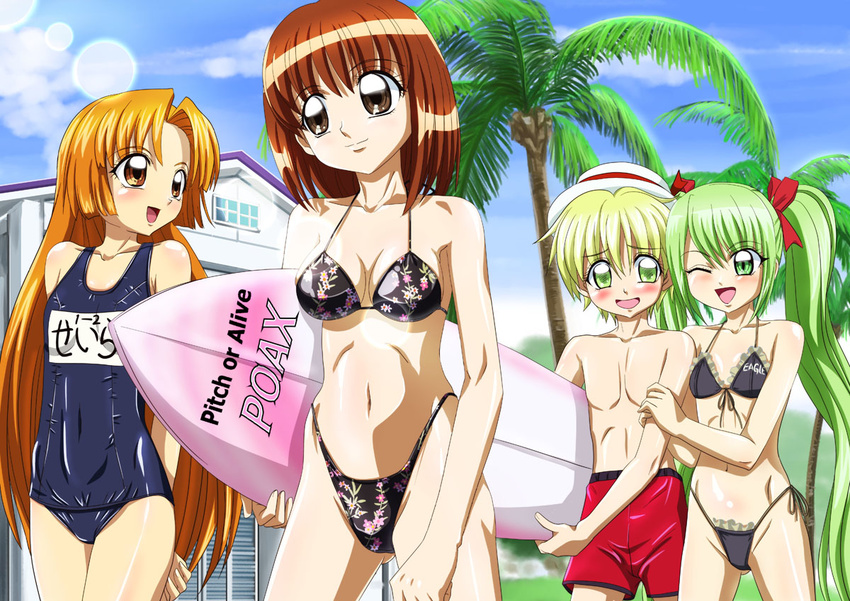 3girls amagi_mikaru ankoku_tiger bikini hippo_(mermaid_melody_pichi_pichi_pitch) male_swimwear mermaid_melody_pichi_pichi_pitch multiple_girls official_style one-piece_swimsuit school_swimsuit seira_(mermaid_melody_pichi_pichi_pitch) surfboard swim_trunks swimsuit swimwear yuuri_(mermaid_melody_pichi_pichi_pitch)