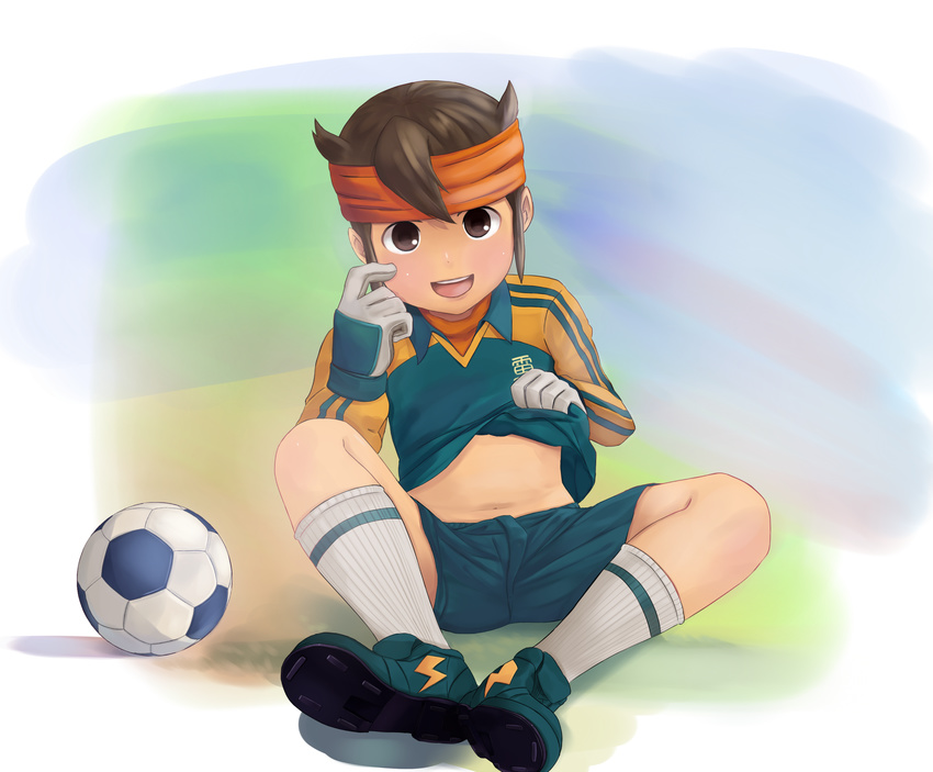 ball boy brown_eyes brown_hair endou_mamoru gloves gradient gradient_background headband highres inazuma_eleven inazuma_eleven_(series) male male_focus shirt_lift sitting soccer_ball solo