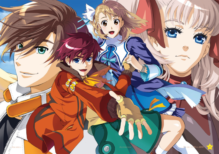 2boys 2girls ahoge arnaud_g_vasquez belt blue_eyes brown_eyes brown_hair choker coat collar dress green_eyes green_shorts hair_ornament hairpin hand_holding happy jewelry jude_maverick light_brown_hair logo multiple_boys multiple_girls official_art ooba_wakako open_mouth pantyhose raquel_applegate red_hair ribbon short_hair shorts smile white_legwear wild_arms wild_arms_4 yulie_ahtreide